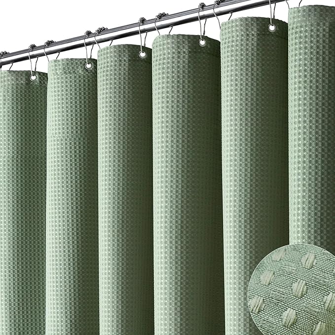 Dynamene Extra Wide Shower Curtain - 84 Inch Wide Waffle Weave Weighted Thick Cloth Bathroom Shower Curtain, Neutral Heavy Duty Hotel Bath Curtain Set with 14 Plastic Hooks, 84x72, Sage Green