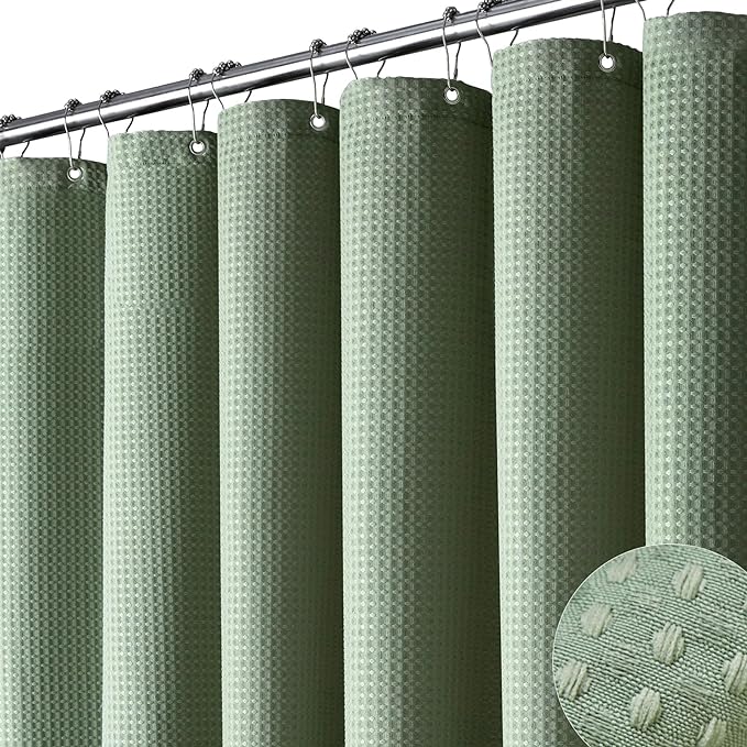 Dynamene Stall Fabric Shower Curtain - 48 inch Wide Waffle Weave Weighted Thick Cloth Shower Curtain for Bathroom, Neutral Heavy Duty Hotel Spa Luxury Bath Curtain Set with 8 Hook, 48x72, Sage Green