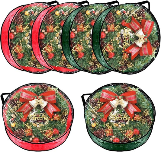 6 PCS Clear Wreath Storage Bag, 24x8 Inch Christmas Wreath Storage Container, PVC+PE Wreath Protector with Handle for Xmas Holiday Seasonal Wreath Garland (3 Green+3 Red)