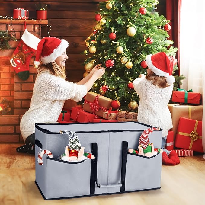 Christmas Ornament Storage Box, Ornament Storage Organizer Fits 128 of 3 inch Ornament Balls, 8 Removable Tray Ornaments Storage Containers with Dividers to Store Xmas Holiday Decor(Grey)