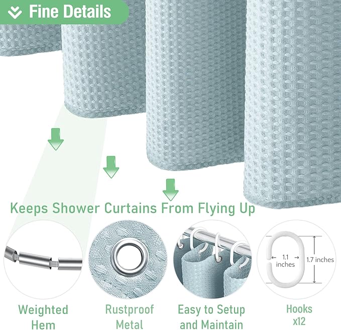 Dynamene Long Fabric Shower Curtain - 78 inch Long Waffle Weave Weighted Cloth Shower Curtains for Bathroom, Neutral Heavy Duty Hotel Spa Luxury Bath Curtain Set with 12 Plastic Hooks,72x78, Fog Blue