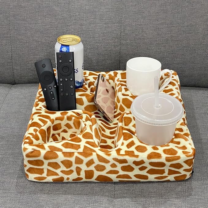 Couch and Bed Cup Holder Pillow, Sofa Refreshment Tray for Drinks/Remote Control/Snacks Holder (Giraffe)