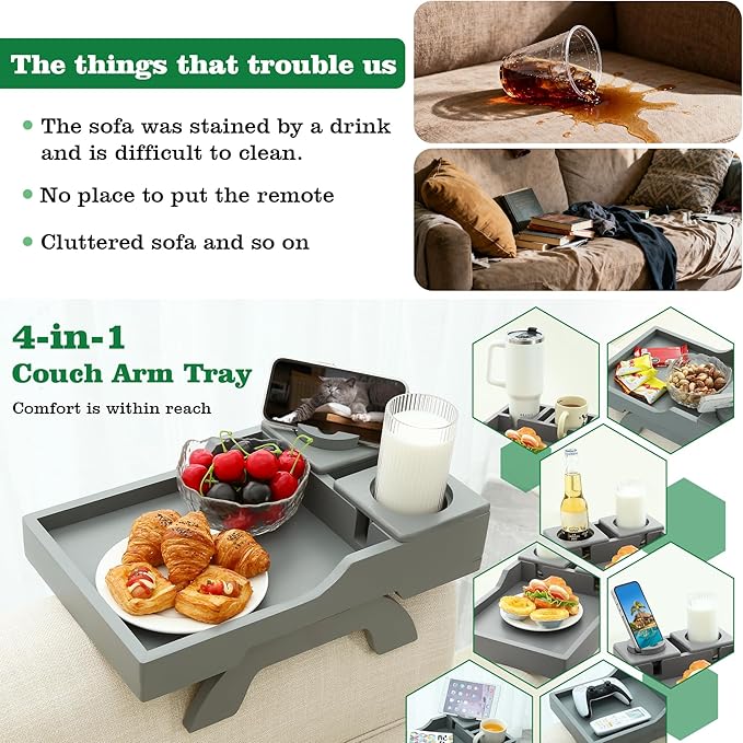 GHKINMAL Couch Cup Holder, 4-in-1 Side Couch Arm Tray with Phone Holder, Sofa Clip on Side Table for Wide Couches Arm, Suitable for Home Drinks/Remote/Snacks-Grey