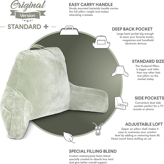 Husband Pillow Reading Pillow with Arms - Standard Backrest for Sitting Up in Bed - Firm Support Bed Rest Pillow for Adults, Neck Roll, Removable Cover -TV, Reading, Lounging - Desert Sage
