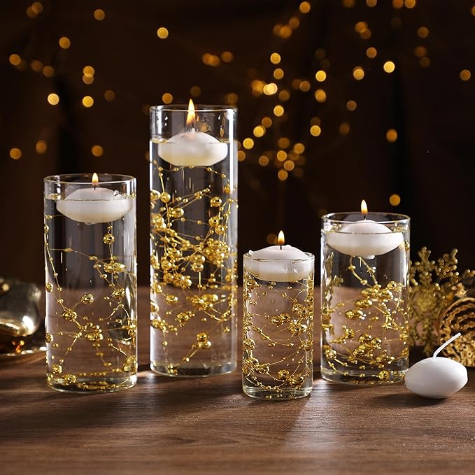 Glass Cylinder Vaseswith White Floating Candles Acrylic Fake Ice Cubes Pearl String Vases Fillers for Table Centerpiece Party Wedding Home Decor (1)