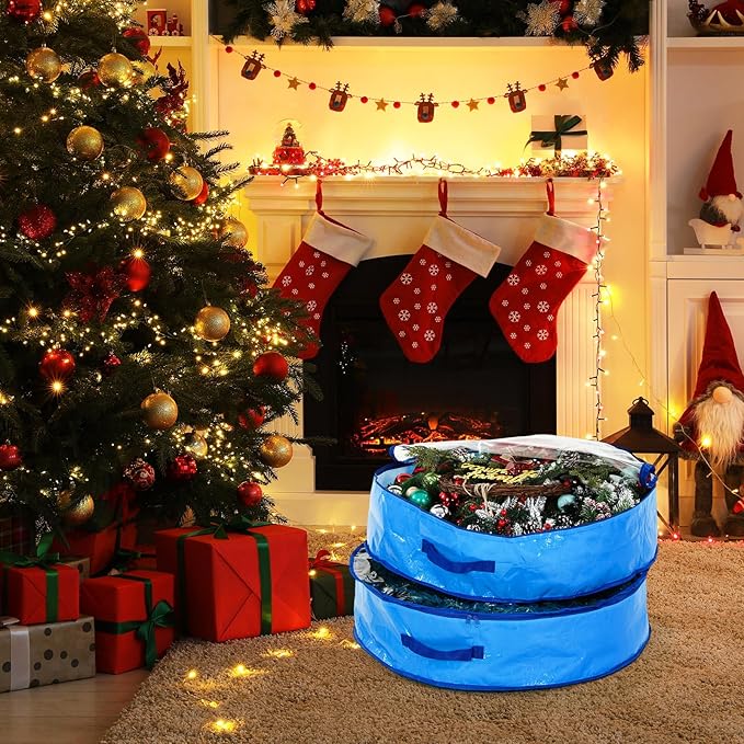 Aliceset 4 Pack Wreath Storage Containers, Ornament Garland Wreath Storage Bags with Handle Zipper Decorative Storages Box for Winter Valentine Wreaths(24 x 24 x 7.8 Inch,Blue)