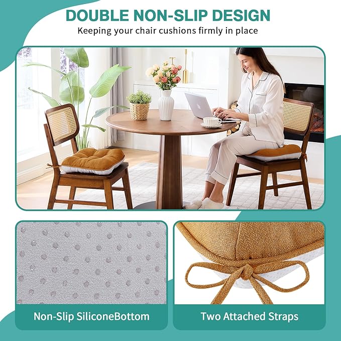 BETU Chair Cushions for Dining Chairs Set of 4,3.5" Thick Kitchen Table Chair Pads with Ties,Non Slip Backing and Covers, Seat Cushion for Dining Room,Bar,Patio Chairs,16"X16"X3.5",Caramel