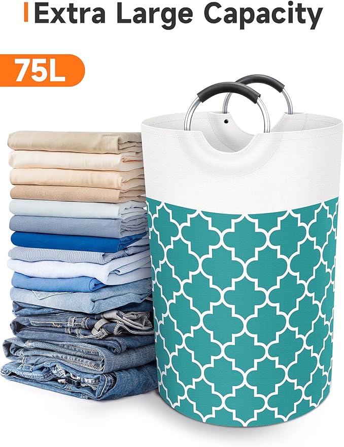 Fabspace Large Laundry Basket Laundry Hamper Bag Washing Bin Clothes Bag Collapsible Tall with Handles Waterproof Travel Bathroom College Essentials Storage for College Dorm, Family (Green) 75L