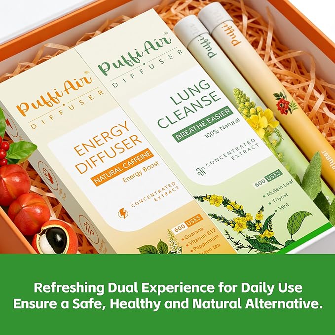 Herbal Diffuser Duo, Lung Cleanse and Energy Diffuser Pens with Extract of Mullein and Natural Caffeine, 100% Natural Swap, Home & Work Duo, 4 Sticks, 600 Uses Each