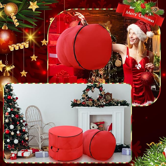 26" Extra Large Double Sided Christmas Wreath Storage Bag with Carry Handle Zippered Waterproof Christmas Wreath Storage Container Heavy Duty Xmas Garland Bag for Holiday(2 Pcs)