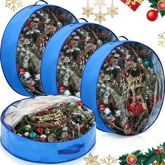Aliceset 4 Pack Wreath Storage Containers, Ornament Garland Wreath Storage Bags with Handle Zipper Decorative Storages Box for Winter Valentine Wreaths(24 x 24 x 7.8 Inch,Blue)