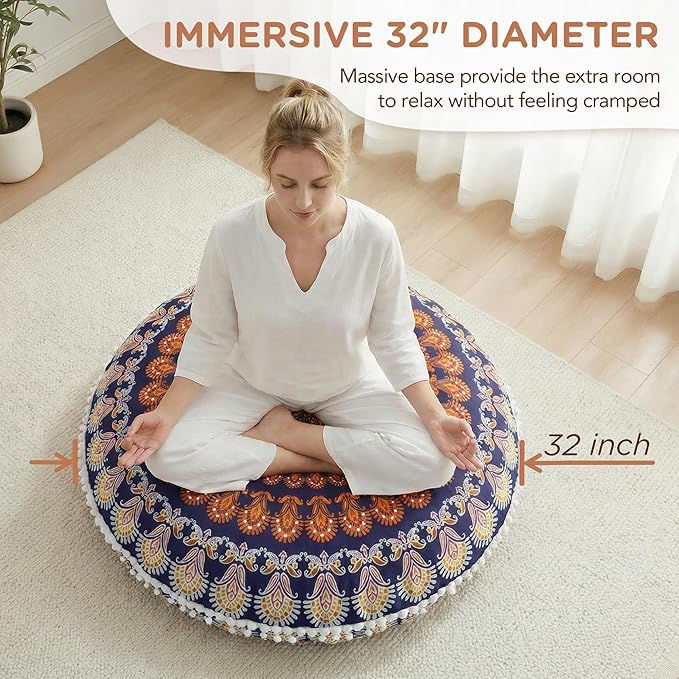 Codi Floor Pillows for Sitting Set of 2, Large Meditation Cushions for Adults with Memory Foam, Bohemian Mandala Round Seating for Outdoor Yoga and Living Room, Washable，32 Inch, Yellow