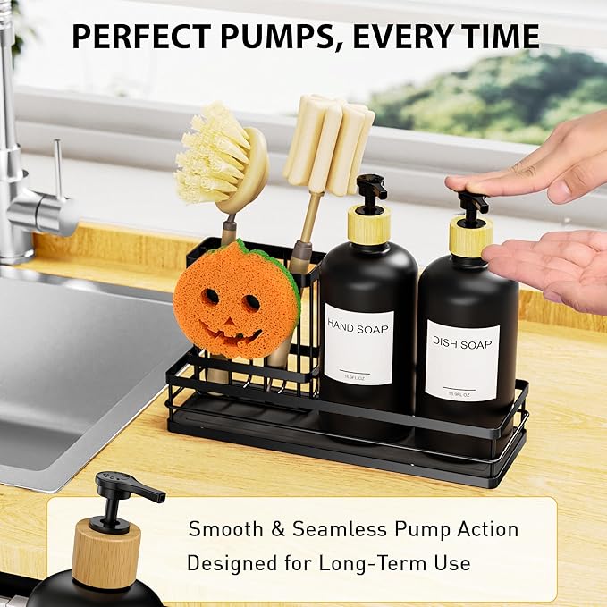 Moforoco Kitchen Dish Soap Dispenser Set, 16OZ Glass Bottle, Hand and Dish Soap Dispenser Set, Instant Dry Tray, Brush Holder with Smiley Face Sponge Holder (Black Tray &Black Bottle&Labels)