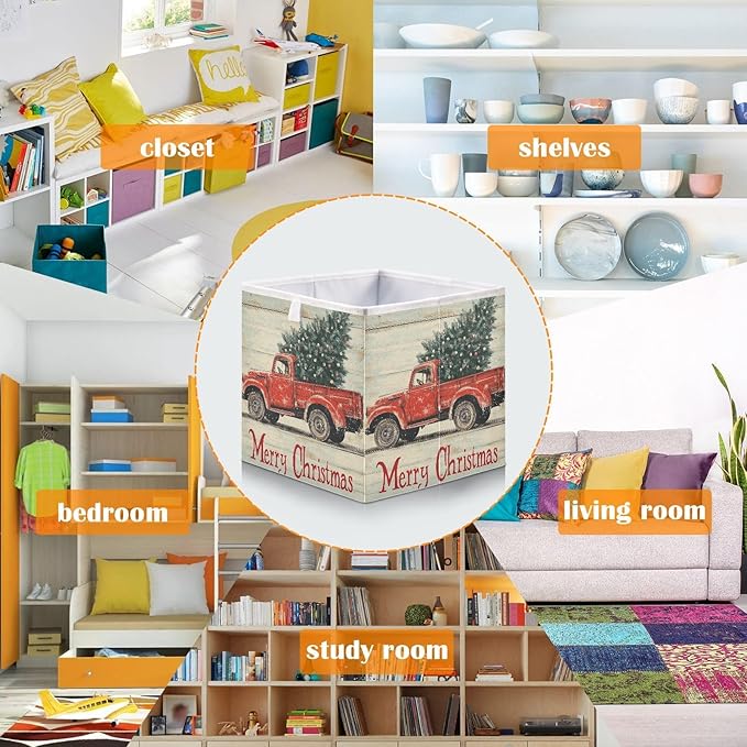 Red Truck Christmas Tree Fabric Storage Cubes Sturdy Shelf Closet Organizer Bin Decorative Storage Basket Box for Living Room Bathroom, 11x11 Inch