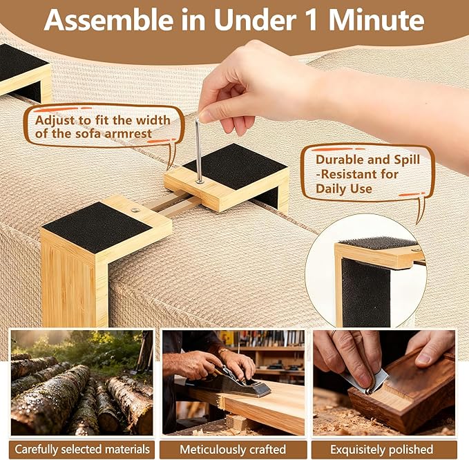 Couch Armrest Tray with Bamboo - Adjustable Sofa Arm Table with 360° Rotating Phone Holder and Hidden Storage Compartment for Snacks, Drinks, Remote, Fits Sofa Width of Armrest 5.5" - 9.8" (Natural)