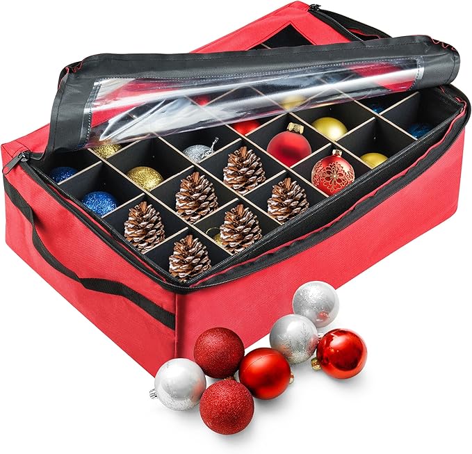 Ornament Storage Box - Zippered Lid Organizer with 48 Individual Compartments and Dividers for Christmas Bulbs and Decorations by Tiny Tim Totes (Red)