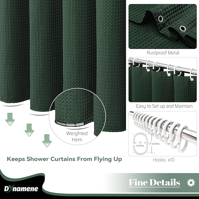 Dynamene Stall Fabric Shower Curtain - 54 inch Wide Waffle Weave Weighted Thick Cloth Shower Curtains for Bathroom, Heavy Duty Hotel Spa Luxury Bath Curtain Set with 10 Hooks, 54x72, Dark Green