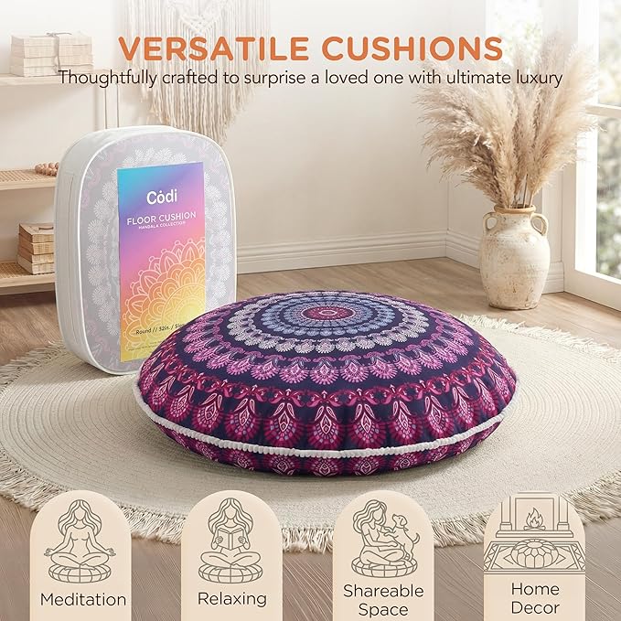 Codi Meditation Floor Pillow Set of 2, Round Large Pillows Seating for Adults, Bohemian Mandala Circle Cushion for Outdoor Fireplace Yoga Living Room, 32 Inch, Memory Foam Added, Purple Orchid NEW