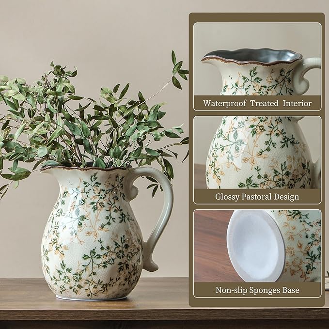 for Mom from Daughter or Son, Green Vintage Chinoiserie Ceramic Pitcher Vase with Handle 7.9”, Rustic Farmhouse Floral Decor for Living Room, Bookshelf, Office Decor