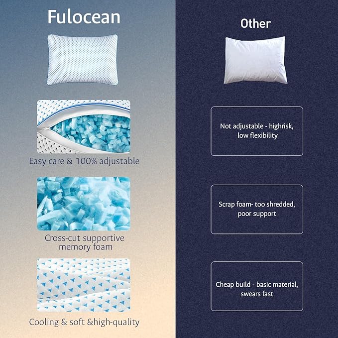 Adjustable Cooling Gel Memory Foam Pillows Queen Size for Sleeping 1 Pack,Thick Firm Bamboo Rayon Shredded Bed Pillow for Side,Back,Stomach Sleepers Washable Breathable Pillowcase,Gifts College Dorm