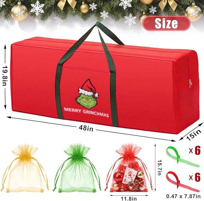 Christmas Tree Storage Bag 9ft Christmas Tree Zipper Bags 600D Oxford Fabric Extra Large Christmas Tree Decorations Storage Container with Reinforced Handles (48x20x15in, Red)