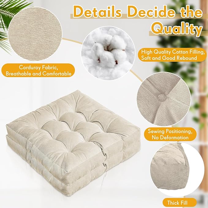 Jerify Floor Pillow Cushions Large Round Square Large Meditation Floor Pillow for Classroom Adult Meditation Picnic Party Seating Learning Daycare School(Square,Beige,2 Pcs)