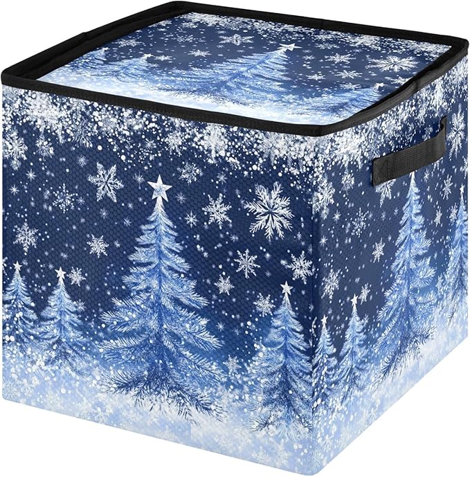 White Blue Snowflake Christmas Ornament Storage Basket Box Xmas Tree Winter Holiday Storage Container Cube with Adjustable Dividers for 64 Holiday Ornaments or Decorations Keeps Clean and Dry