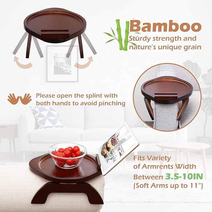 SINWANT Couch Arm Table, Bamboo Round Sofa Clip on Tray with 360° Phone Holder,Foldable Couch Armrest Table Eating on Chair Recliner for Snack Drink