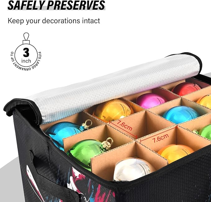 Kigai Baseballer Christmas Ornament Storage Box with Zipper & Adjustable Dividers Holiday Ornament Organizer Xmas Storage Container, 64 Balls