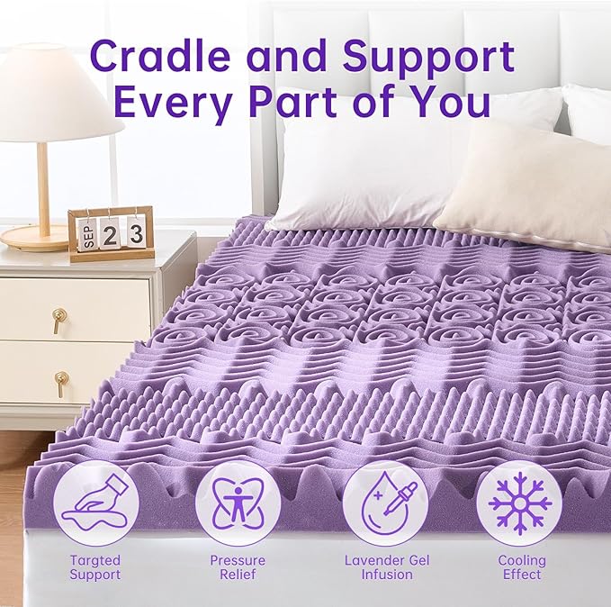 MUXHOMO 2 Inch 7-Zone Twin Mattress Topper, Egg Crate Memory Foam Mattress Topper Twin Size for Back Pain, Lavender Cooling Gel Infused Bed Pad, CertiPUR-US and Oeko-TEX Certification (38"×75")