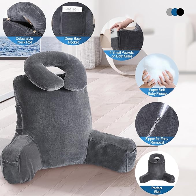 Rengue 31" Ergonomic Bed Rest Pillow, Grey Large Reading Pillow with Detachable Neck Roll Soft PP Cotton Backrest with Arms Pockets for Bed Couch Reading Watching TV