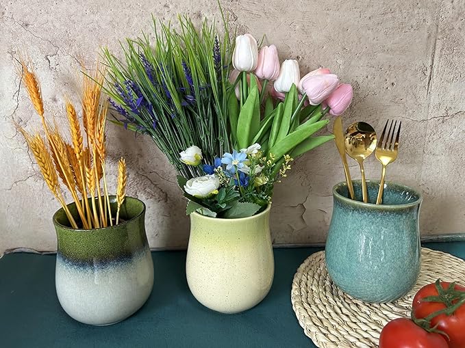Short Kitchen Utensil Holder for Kitchen Counter, Ceramic Small Utensil Crock & Vase & Holder for Cutlery Spatula Brush Silverware Cooking Utensil Holder (Retro Lavender Grass Green)