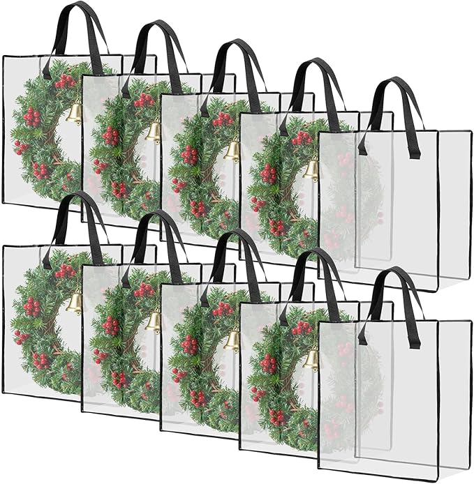 HFKPJRT 10 Pack Wreath Storage Bag, 26" 90 L Garland Container, Wreath Bags for Halloween Christmas Decorations, Large Clear Moving Bags with Handle, Under The Bed Storage for Bedding, Clothing, Toys