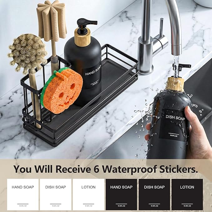 Moforoco Kitchen Dish Soap Dispenser Set, 16OZ Glass Bottle, Hand and Dish Soap Dispenser Set, Instant Dry Tray, Brush Holder with Smiley Face Sponge Holder (Black Tray &Black Bottle&Labels)