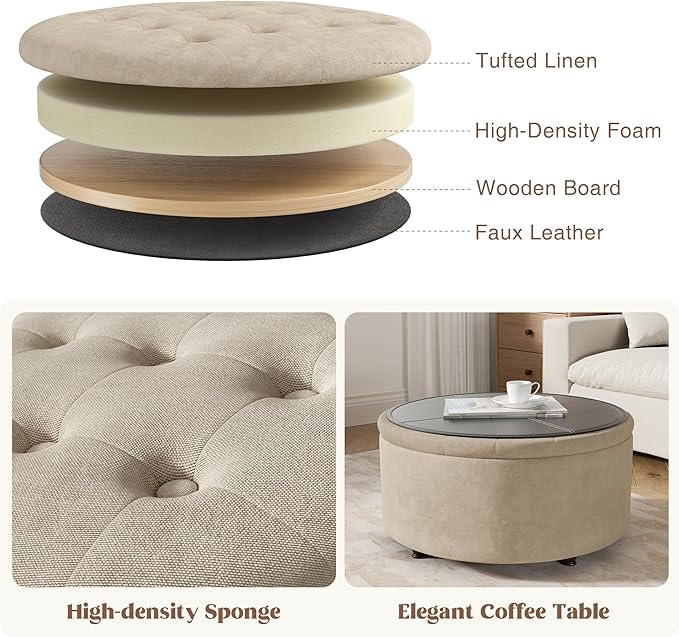 30 Inch Round Storage Ottoman,Modern Tufted Ottomans,Circular Coffee Table with Removable Top,Upholstered Large Ottoman with Storage Footrest Stool for Bedroom Living Room (Lightbrown)