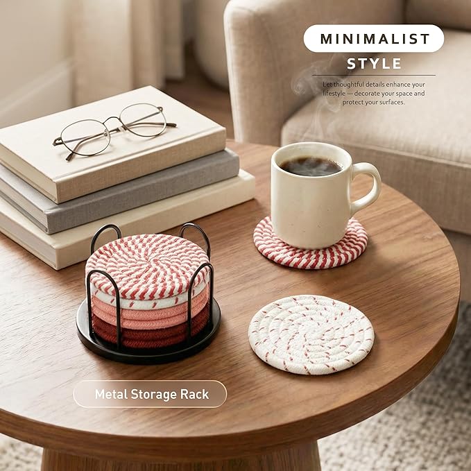 Lazebox Coasters Set of 8 for Drinks, Beer, Coffee, Cotton Woven 4 Colors Absorbent Coaster with Holder, Boho Coasters for Home Decor Tabletop Protection Suitable for Kinds of Cups
