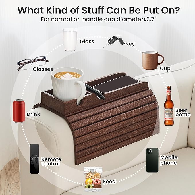 GEHE Couch Cup Holder, Anti Falling Sofa Arm Tray, Natural Bamboo Sofa Cup Holder More Safe for Your Family, Portable Couch Arm Tray Armrest Table for Remote, Snacks, Drinks