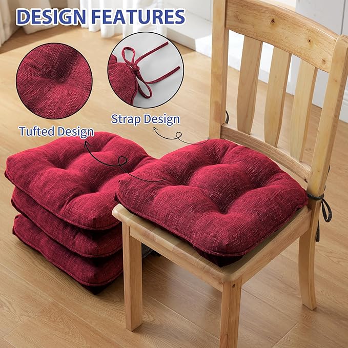 IPYNBAP Chair Cushions for Dining Chairs Set of 2, Red Kitchen Chair Cushions, Chair Pads with Ties and Non Slip Backing, Christmas Room Decor, Tufted Memory Foam Seat Cushion 2 Pack, 15.5"x15.5"x4"