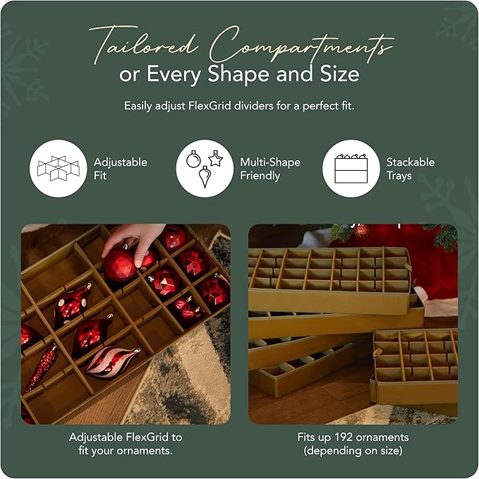 Covermates Keepsakes Adjustable Ornament Storage Bag – Heavy-Duty Polyester, Padded Dividers & FlexGrid Trays – Protective Holiday Ornament Organizer with Handles & Label Window, Green Snowflake