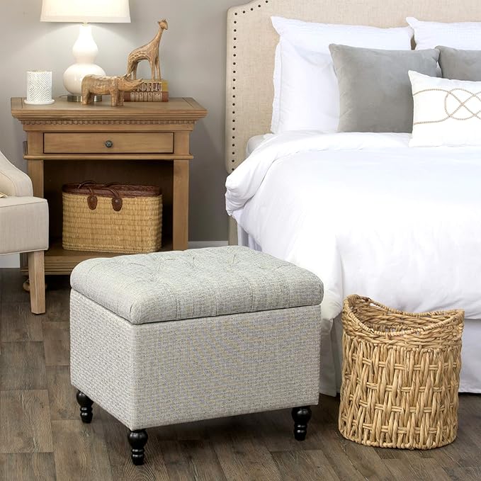 Homepop Home Decor | Upholstered Button Tufted Storage Ottoman | Hinged Lid Ottoman with Storage for Living Room & Bedroom | Decorative Home Furniture (Pewter Gray)