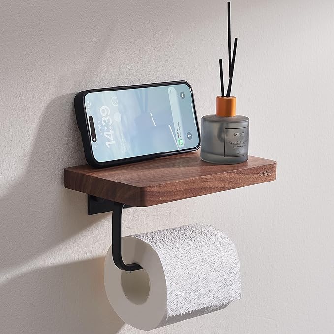 Walnut Wood Toilet Paper Holder with Phone Shelf, Adhesive or Drill Installation Bathroom Washroom Wall Mount Wooden Toilet Tissue Roll Holder with Shelf for Hold Wipes, Cell Phone (Flat)