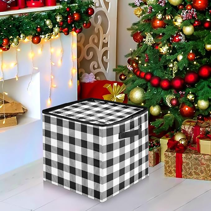 Christmas Ornament Storage Basket Box Buffalo Plaid Black White Winter Holiday Storage Container Cube with Adjustable Dividers for 64 Holiday Ornaments or Decorations Keeps Clean and Dry
