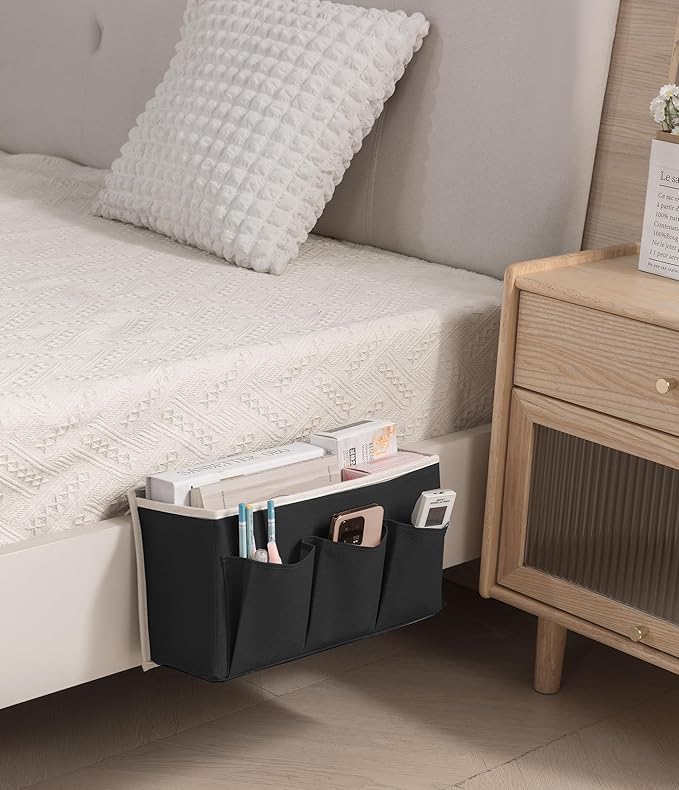 Bedside Caddy/Bedside Storage Organizer Hanging Bag with Three Options,Suitable for home beds, sofas, and dormitory beds—can hold magazines, books, phones, iPads, remote controls. (2-Pack Black)