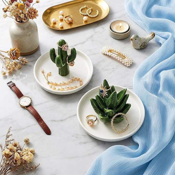 Elsjoy Set of 2 Ceramic Ring Holder Dish, Decorative Round Jewelry Display Trays, Aloe & Cactus Small Trinket Plate for Home, Gift, Mother's Day