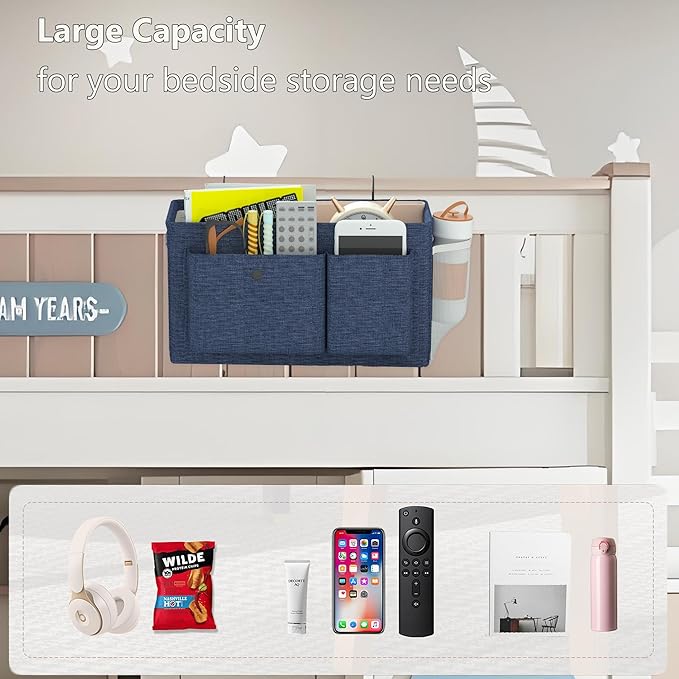 Edudif Bedside Caddy Bedside Organizer with Fixed Straps & Water Bottle Holder, Bunk Bed Caddy ideal for Home, Dorm, Hospital, Crib, Versatile Bedside Storage Solution (Navy 2pcs)