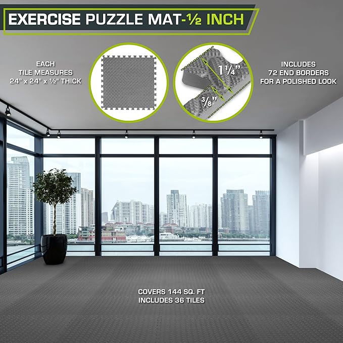 ProsourceFit Puzzle Exercise Mat ½ in, EVA Interlocking Foam Floor Tiles for Home Gym, Water-Resistant Mats Workout Equipment, Floor Padding for Kids, Grey, 24 in x 24 in x ½ in, 144 Sq Ft – 36 Tiles