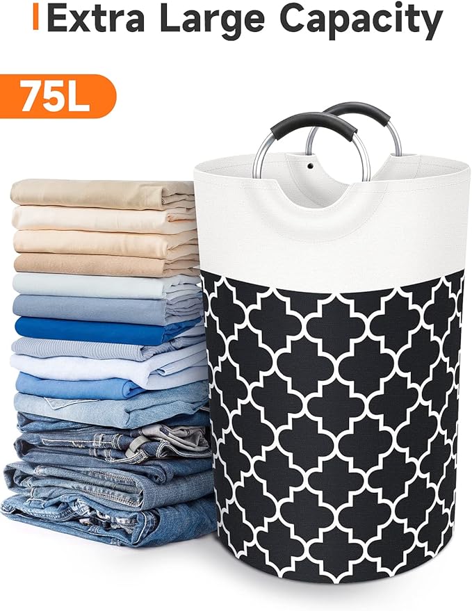 Fabspace Large Laundry Basket Laundry Hamper Bag Washing Bin Clothes Bag Collapsible Tall with Handles Waterproof Travel Bathroom College Essentials Storage for College Dorm, Family (Black) 75L