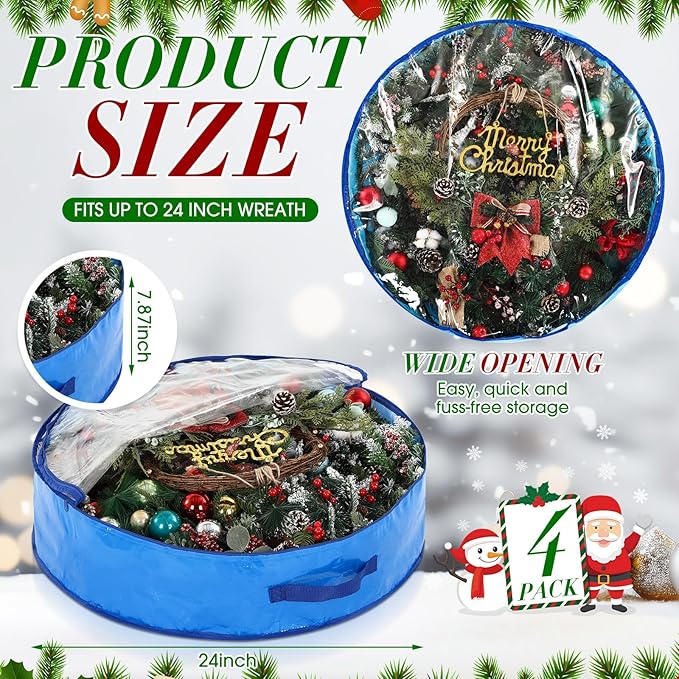 Aliceset 4 Pack Wreath Storage Containers, Ornament Garland Wreath Storage Bags with Handle Zipper Decorative Storages Box for Winter Valentine Wreaths(24 x 24 x 7.8 Inch,Blue)