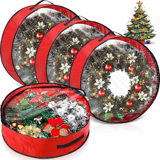 4 Pcs Christmas Wreath Storage Bag, Christmas Garland Storage Container with Clear Window, Zipper & Handle for Xmas Holiday Seasonal Wreath Garland Box(Red,36")