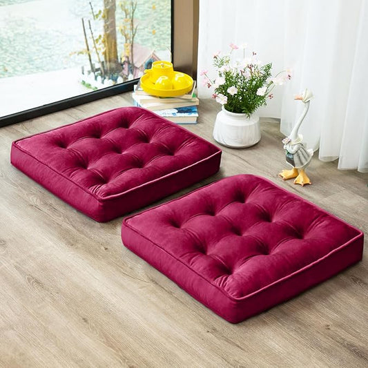 1 MIDDLE ONE Floor Pillow Set of 2, Memory Foam Meditation Cushion, Floor Cushions for Adults Sitting, Large Square Seat Cushions for Yoga, Living Room, 22x22 Inch (Burgundy)